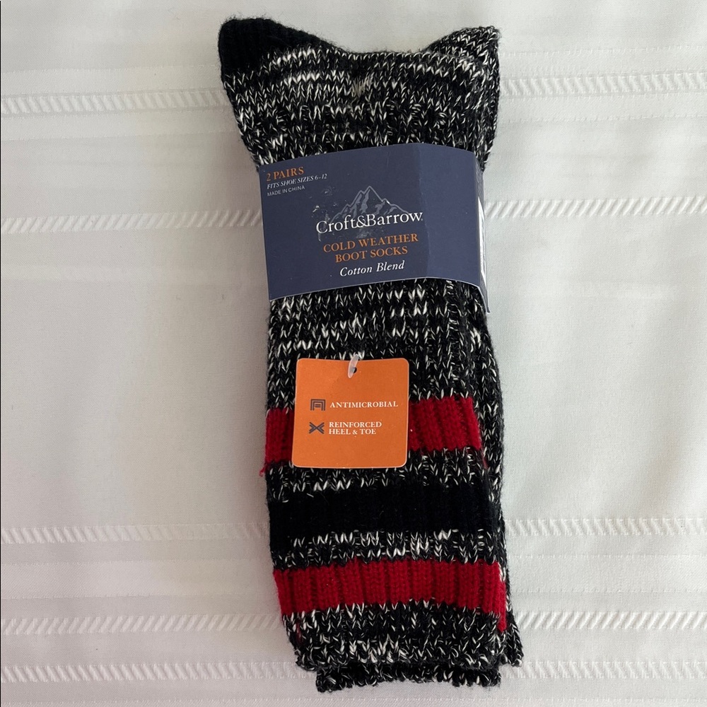 Men's Croft & Barrow Cold Weather Boot Socks Size 6-12 Black/Red 2 Pairs
